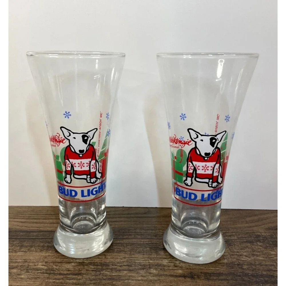Vintage Lot of 2 Bud Light Spuds MacKenzie Christmas Beer Drinking Glass 1987